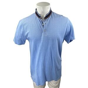Zara Men's Blue Stand Collar Stripe Short Sleeve Golf Polo Shirt Top Size L